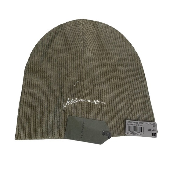 All Saints Embroidered Script Logo Beanie Olive Green - Picture 1 of 4